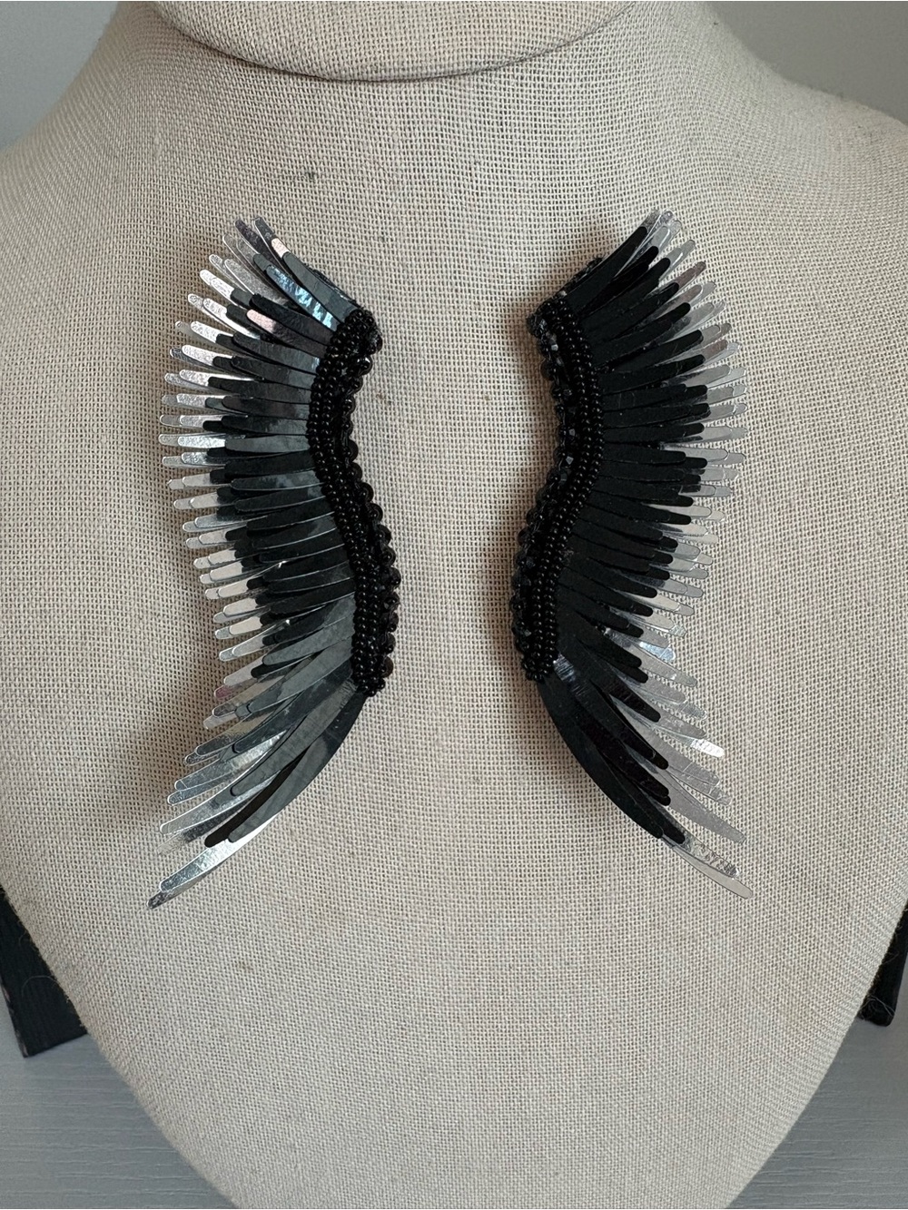 Mignonne Gavigan Madeline earrings black silver wings 3.5”